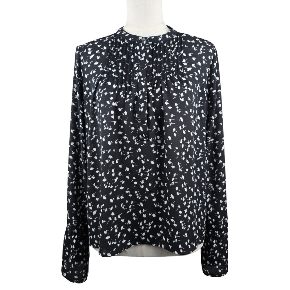 J. Crew Blouse Women M Black White Floral Pintucks L/S Career Office Wear Top